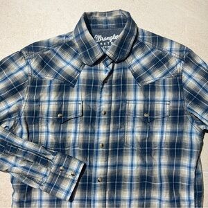 Wrangler Retro Premium Blue Plaid Pearl Snap Western Long Sleeve Shirt Men M